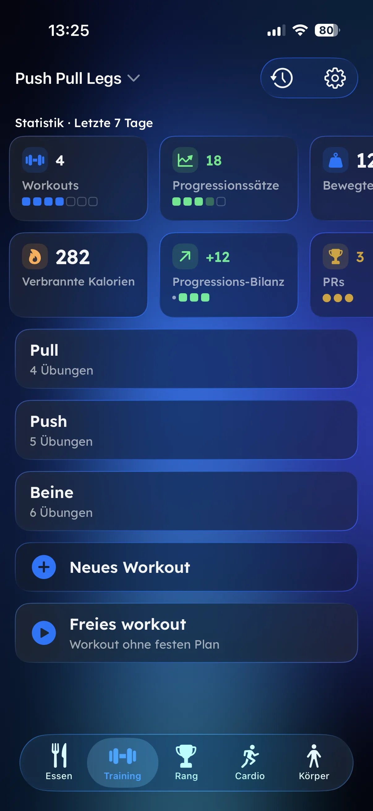 Trainingsplan mit Streak-Kalender in Fitaino